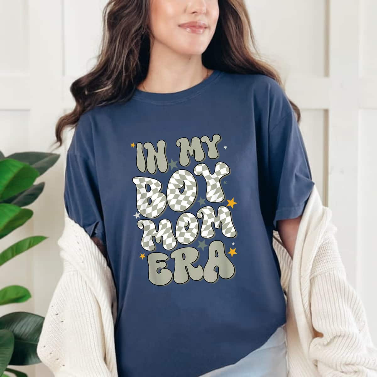 In My Boy Mom Era With Checkered Pattern Groovy Mom Of Boys T-Shirt In My Boy Mom Era With Checkered Pattern Groovy Mom Of Boys T-Shirt