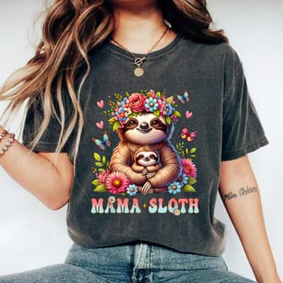 Mama Sloth Mother's Day Matching Floral Mommy Mom T-Shirt
