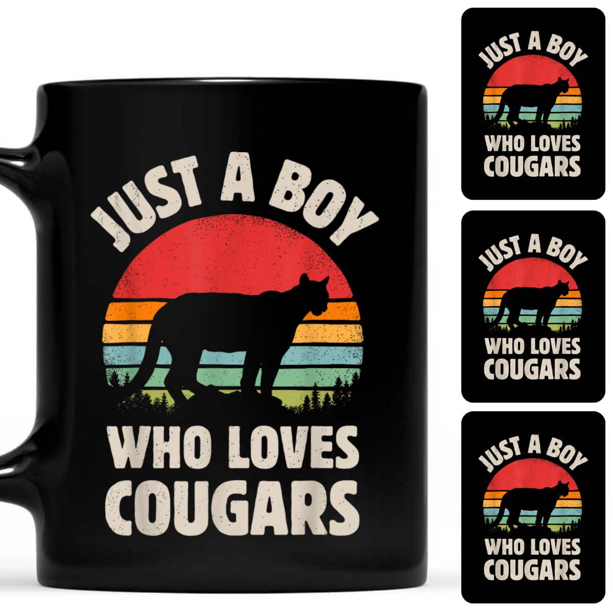 Cougar Just A Boy Who Loves Cougars Men Retro Vintage Sunset T-Shirt